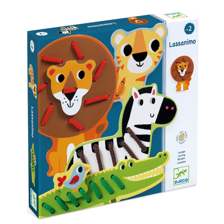 Djeco Wooden Zoo Animal Threading Set - Lassanimo | Sew & Knit Stitching Cards