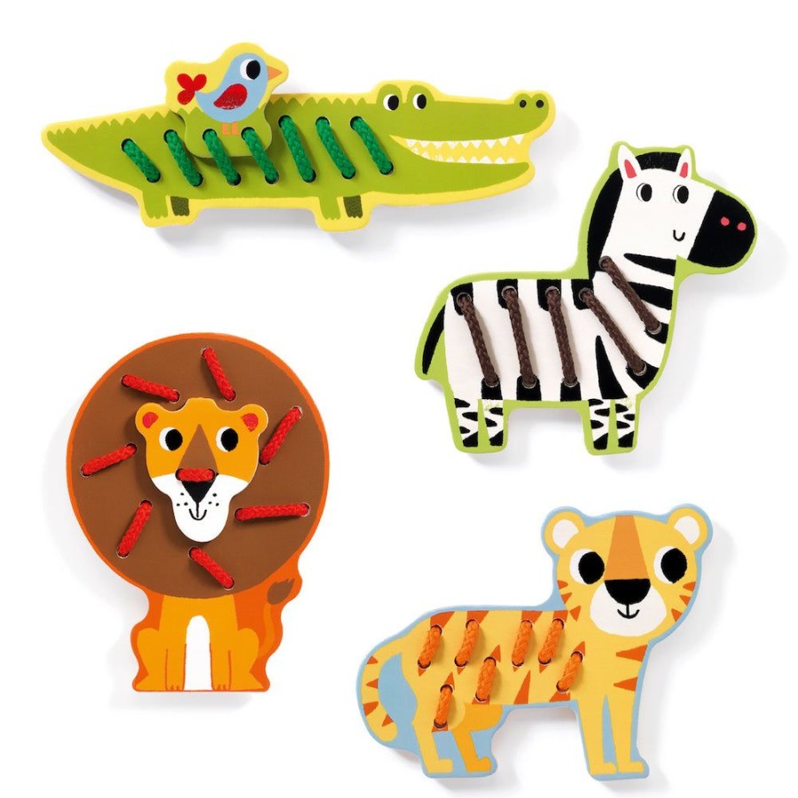 Djeco Wooden Zoo Animal Threading Set - Lassanimo | Sew & Knit Stitching Cards